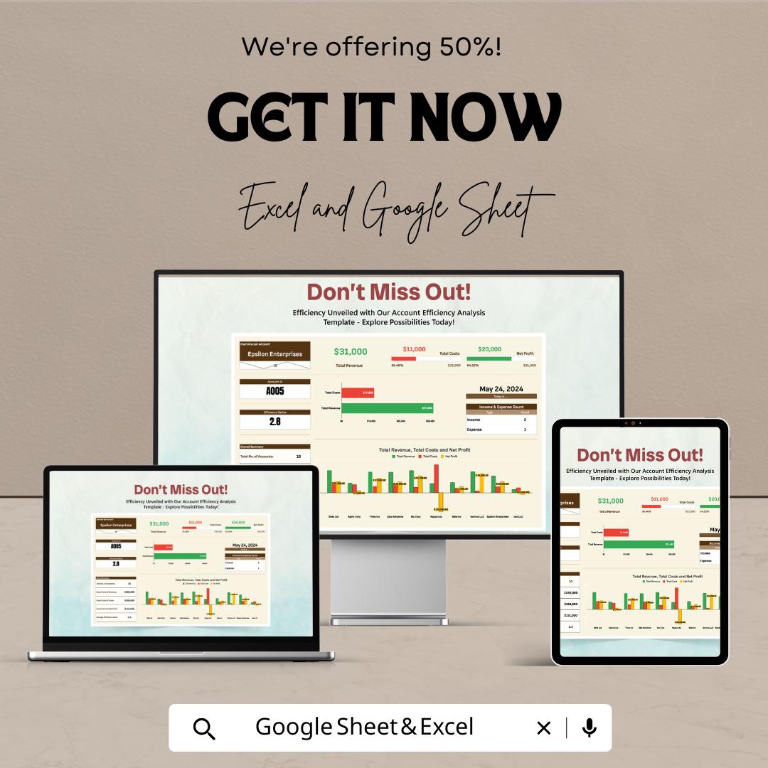 Account Efficiency Analysis Template | Finance Dashboard | Business Performance Tracker | Income Expense Report Template