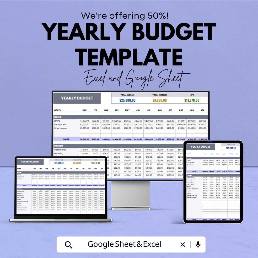 Yearly Budget Template | Excel and Google Sheets | Annual Finance Planner | Income and Expense Tracker | Personal & Business Budget