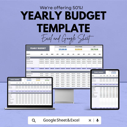 Yearly Budget Template | Excel and Google Sheets | Annual Finance Planner | Income and Expense Tracker | Personal & Business Budget