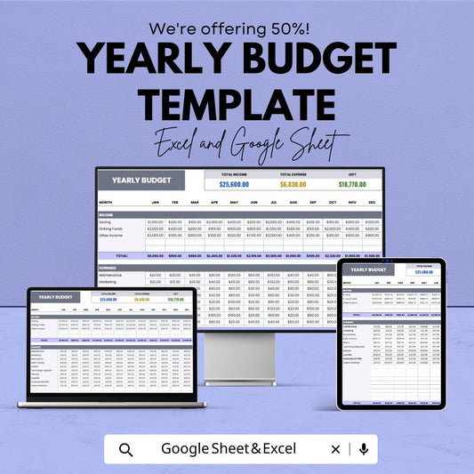 Yearly Budget Template | Excel and Google Sheets | Annual Finance Planner | Income and Expense Tracker | Personal & Business Budget