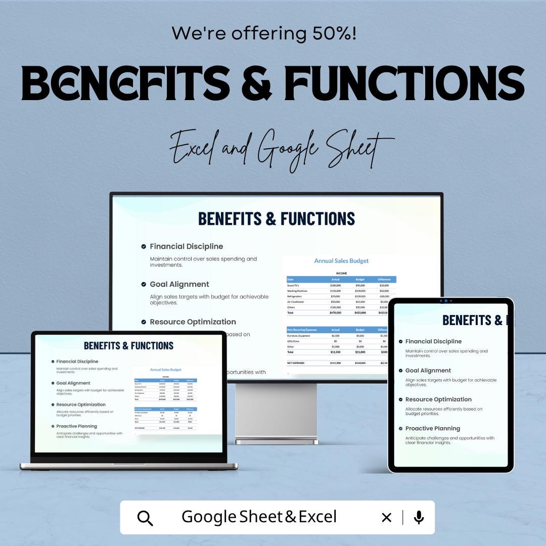 Annual Sales Budget Template | Sales Forecast Spreadsheet | Revenue Tracker Sheet | Income Expense Tracker