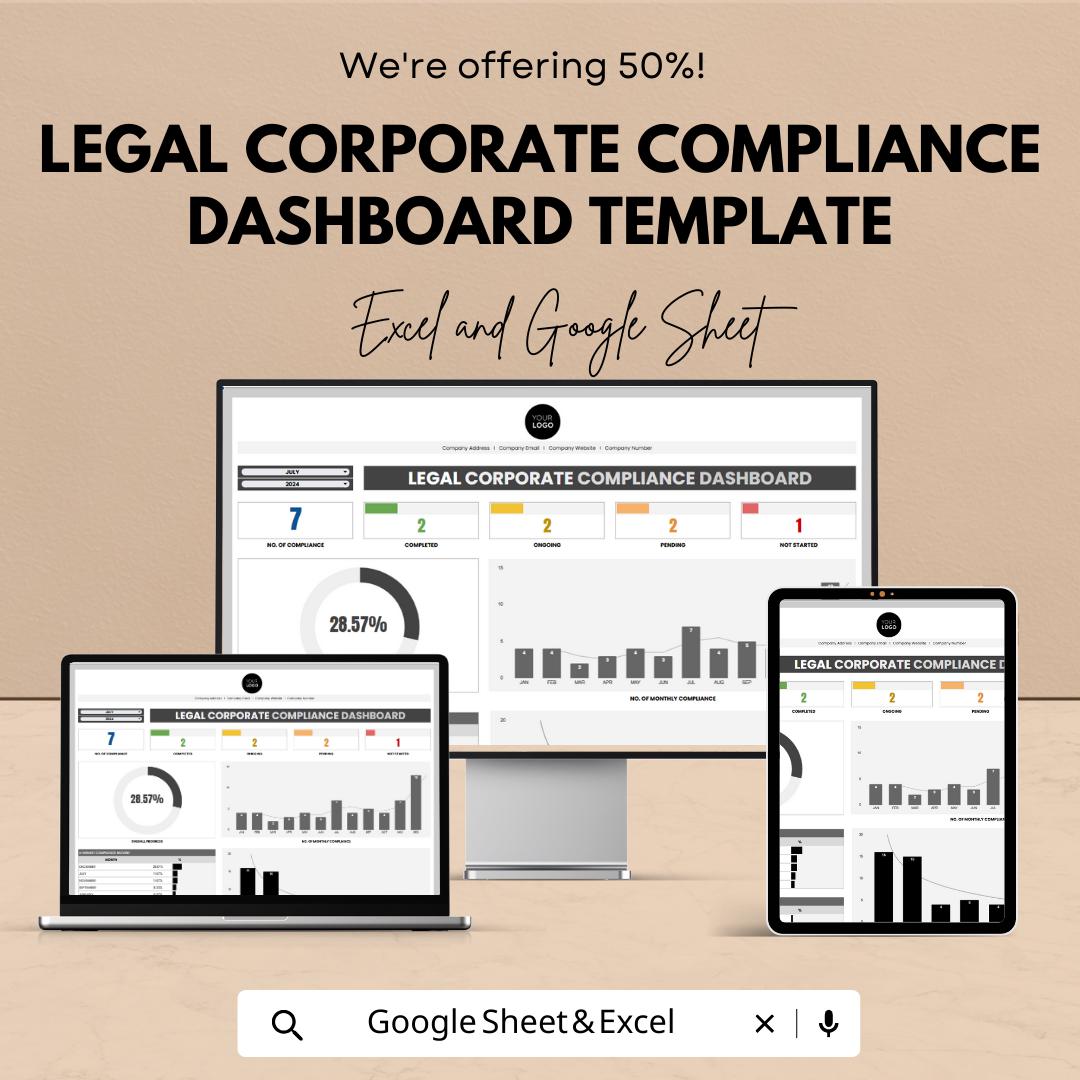 Legal Corporate Compliance Dashboard Template, Law Firm Compliance Tracker, Legal Dashboard Excel, Compliance Log
