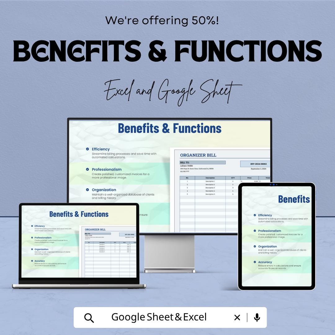 Organizer Bill Template for Excel & Google Sheets | Invoice Tracker Spreadsheet | Bill Organizer Planner | Editable Billing Template