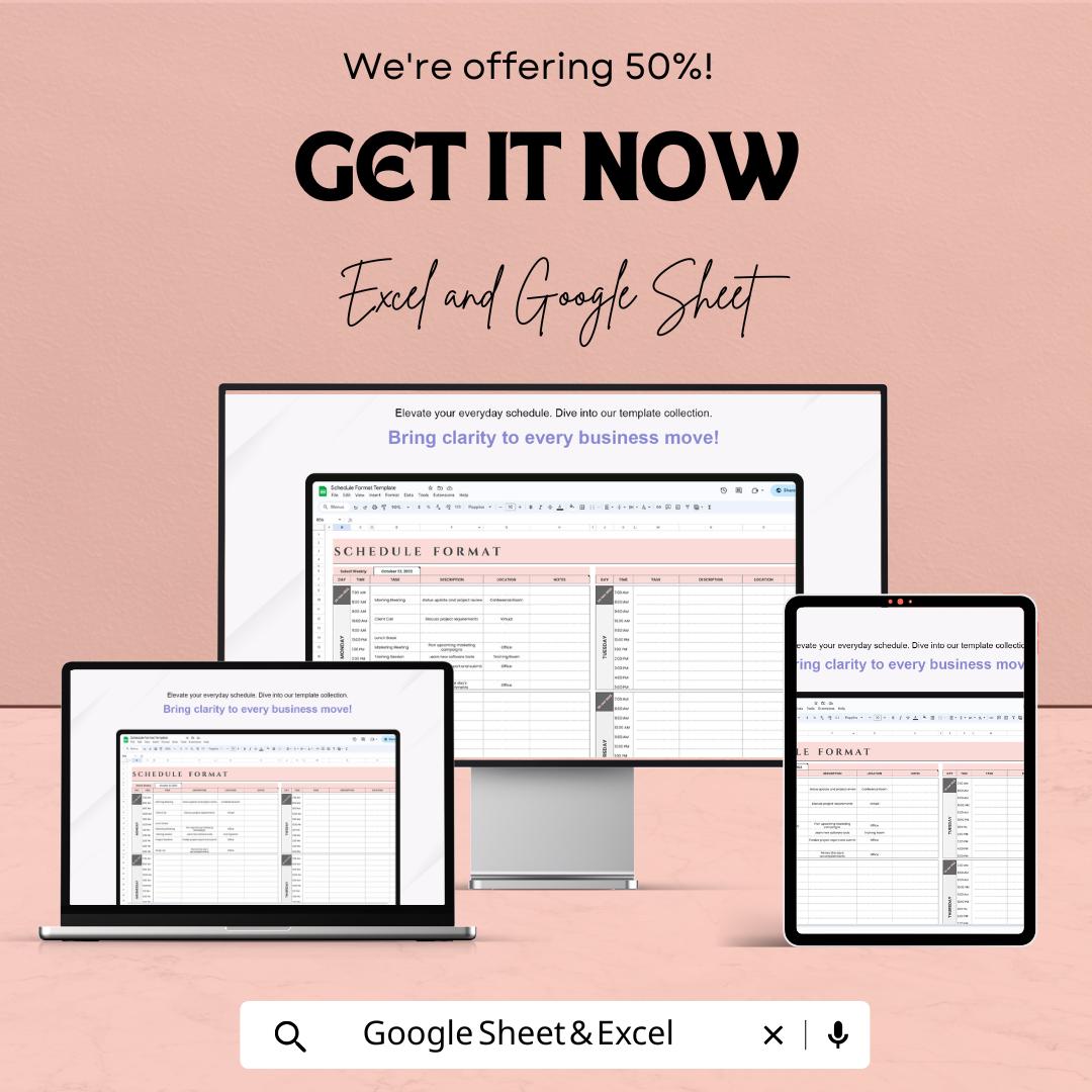 Schedule Format Sheet - Excel and Google Sheets Template | Customizable Daily & Weekly Schedule Planner | Perfect for Time Management