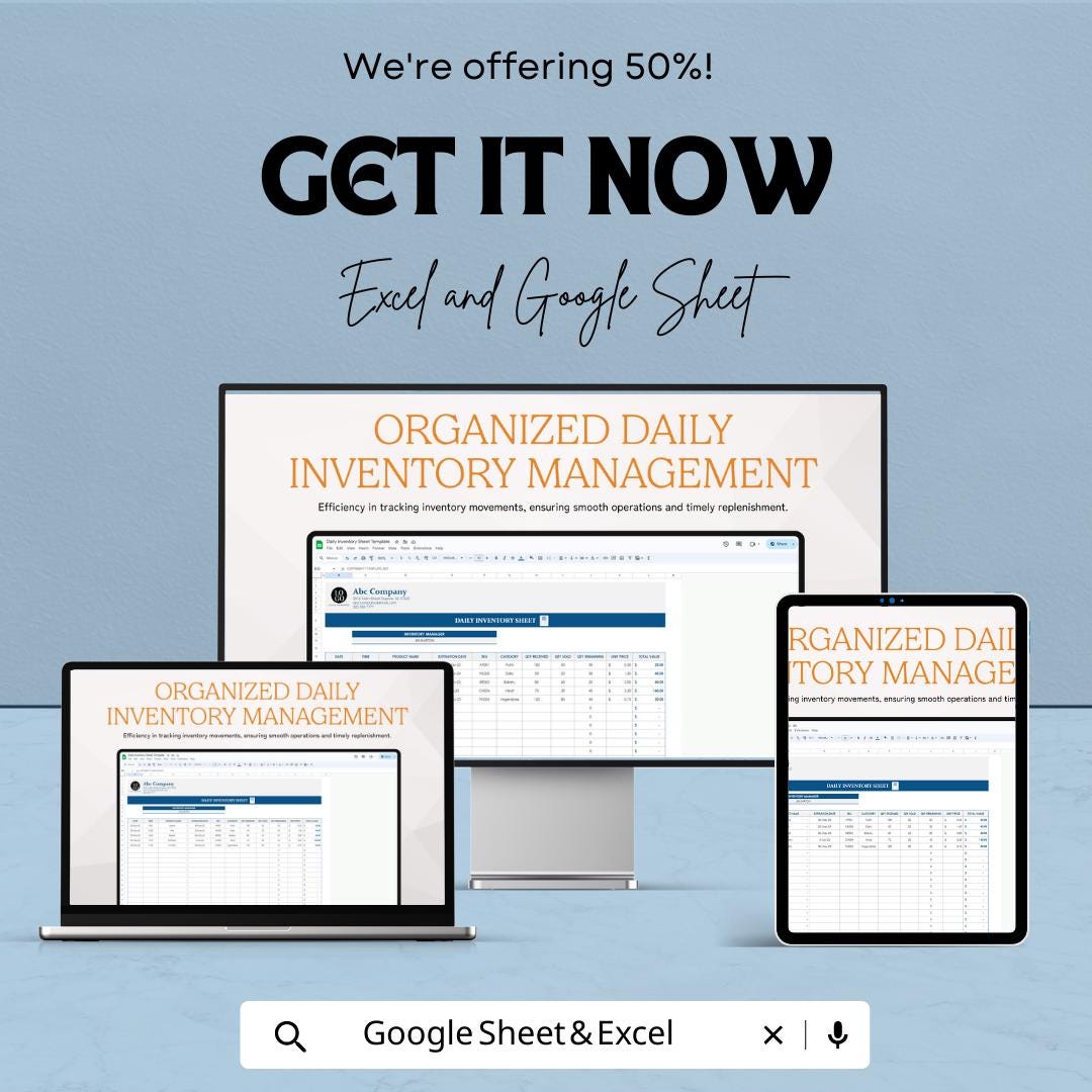 Daily Inventory Sheet Template Excel, Stock Tracker Spreadsheet, Inventory Log Sheet,  Inventory Tracker, Small Business Stock Log