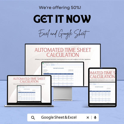 Time Sheet Calculator - Excel & Google Sheets Template | Employee Time Tracking, Payroll, Overtime, and Break Hours Calculation