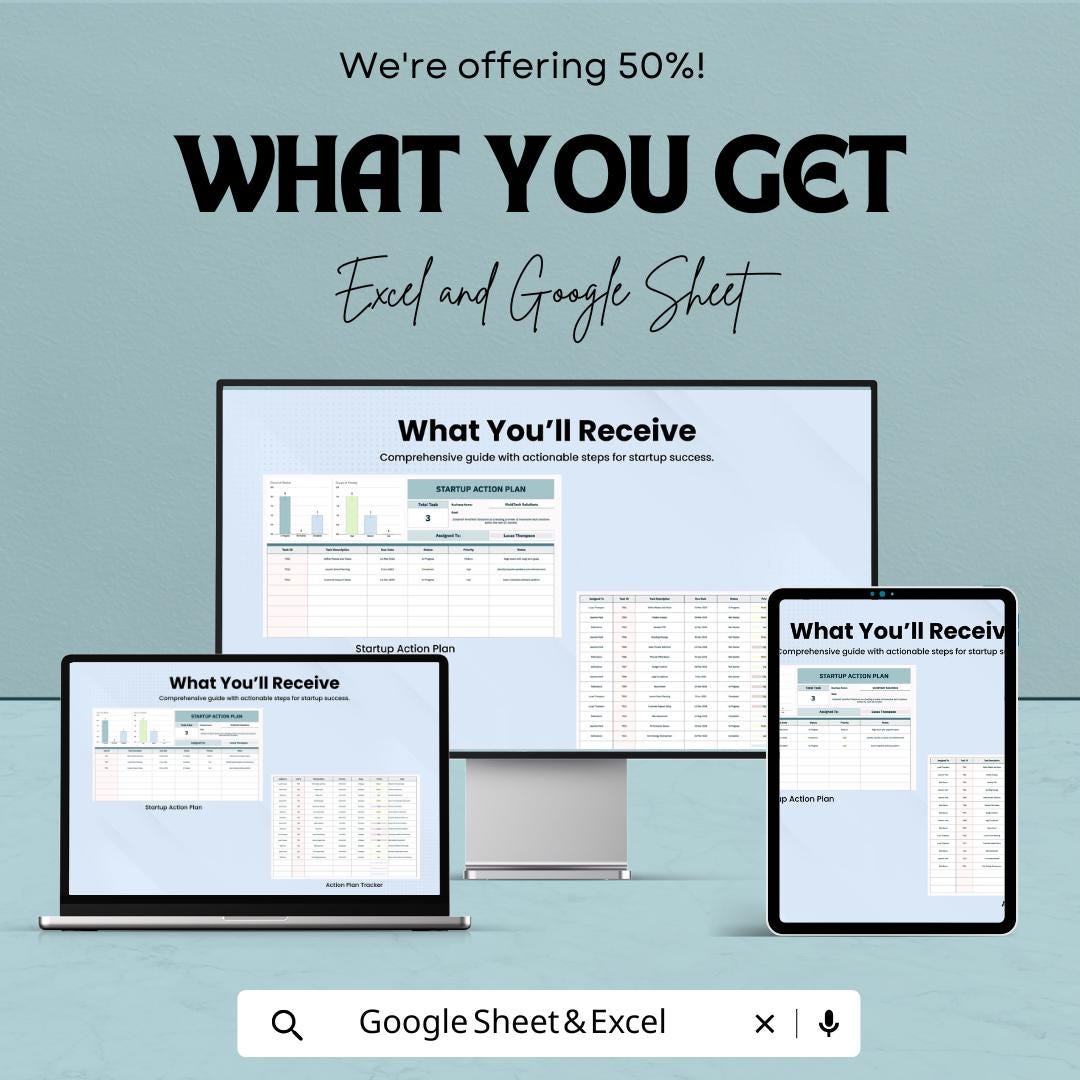 Startup Action Plan Template - Excel & Google Sheet - Business Task Tracker, Goal Setting, Startup Planning, Action Plan for Entrepreneurs,