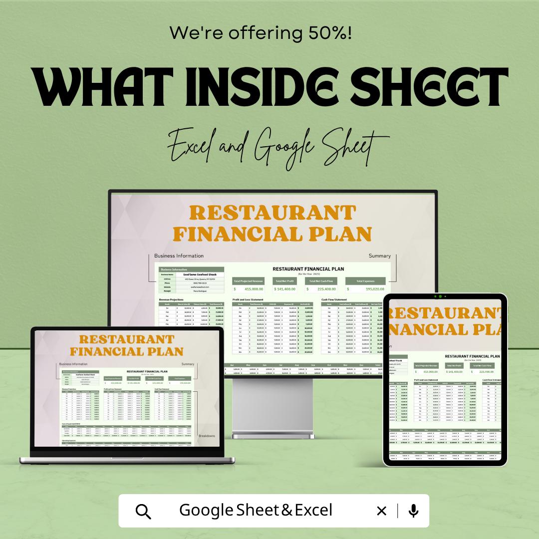 Restaurant Financial Plan Template | Restaurant Budget Spreadsheet | Profit Loss Tracker | Food Business Financial Planner