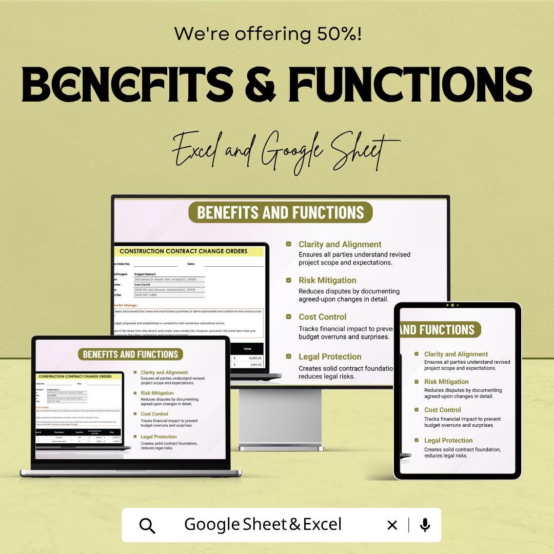 Construction Contract Change Order Template | Change Order Form Spreadsheet | Contractor Change Order Tracker | Excel & Google Sheets |
