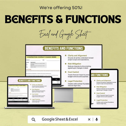 Construction Contract Change Order Template | Change Order Form Spreadsheet | Contractor Change Order Tracker | Excel & Google Sheets |