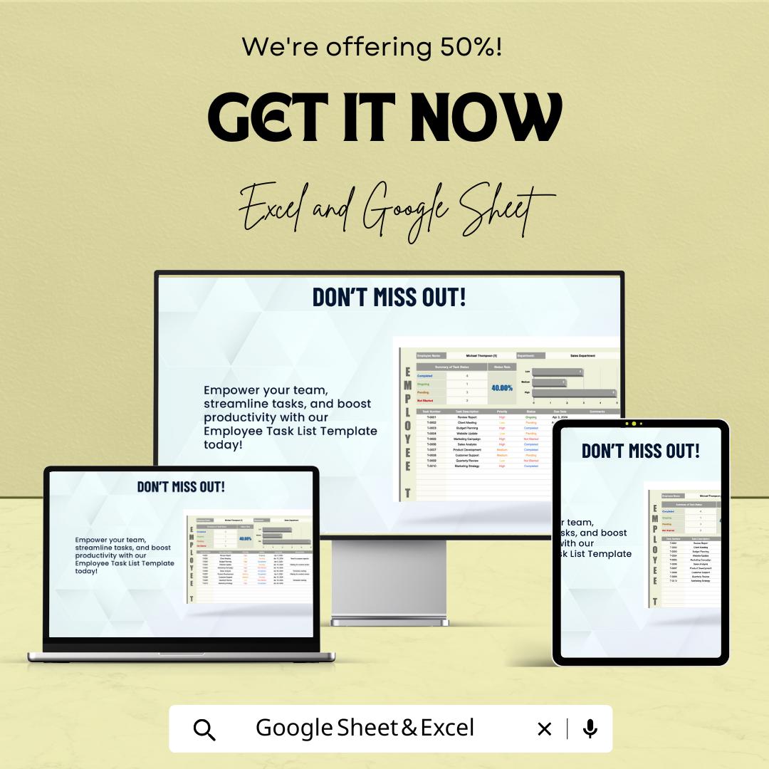 Employee Task List Template | Employee Tracker Spreadsheet | Staff Task Manager | Employee Productivity Tracker | Work Planner