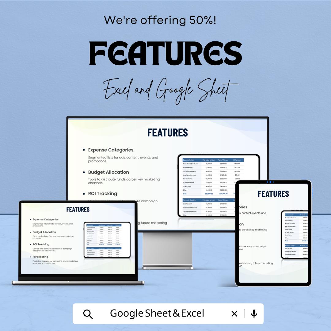 Startup Marketing Budget Sheet | Google Sheet & Excel Template for Budget Allocation, Expense Tracking, and ROI Analysis | Editable Business