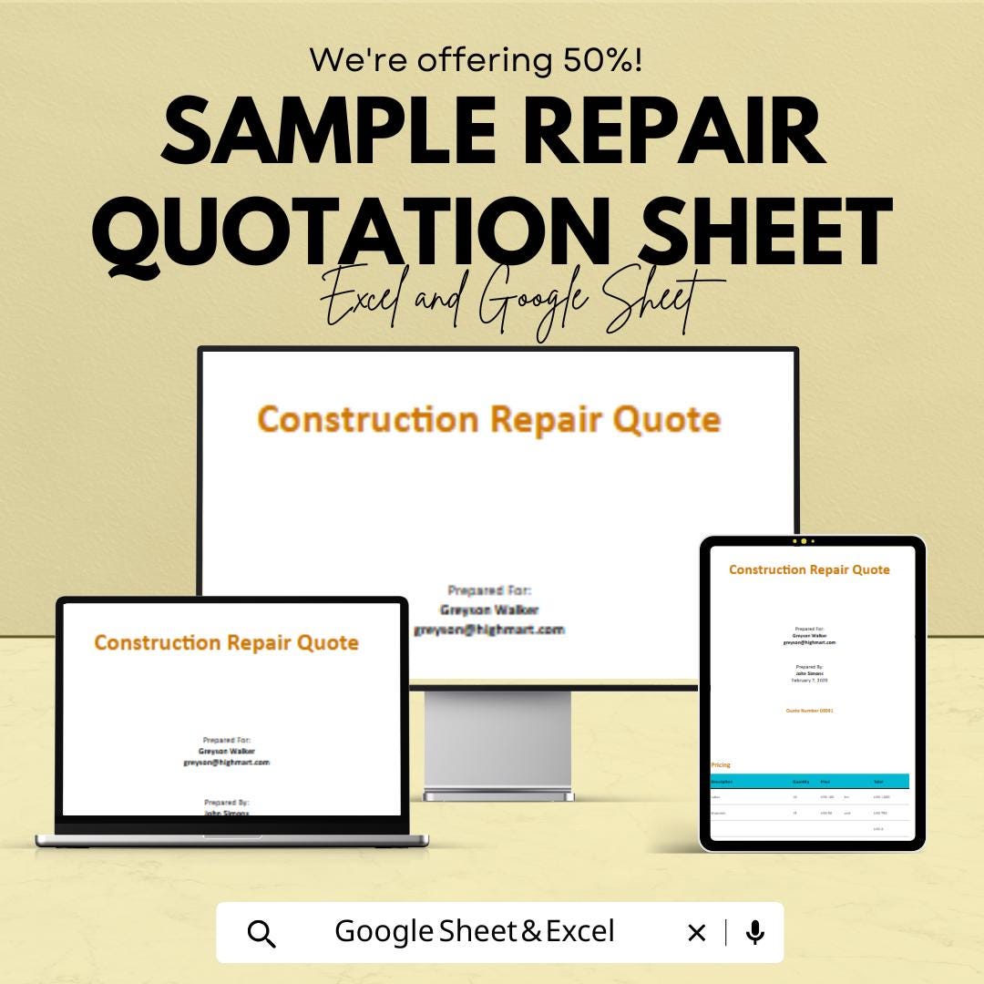 Sample Repair Quotation Sheet - Excel and Google Sheets Template | 50% Off | Construction & Home Repair Quotes