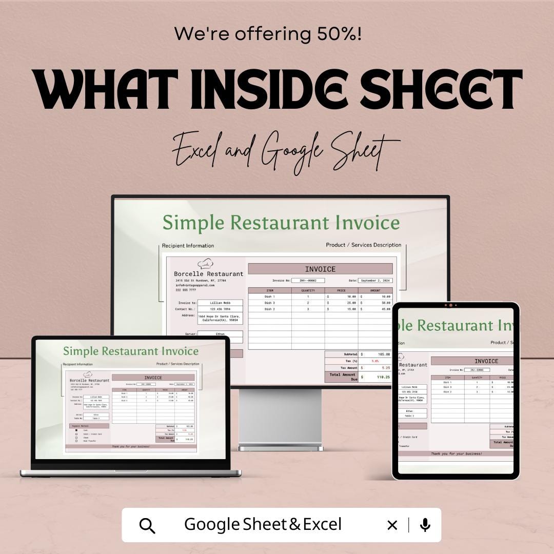 Simple Restaurant Invoice Sheet | Excel & Google Sheets | Customizable | Easy to Use | Professional Template