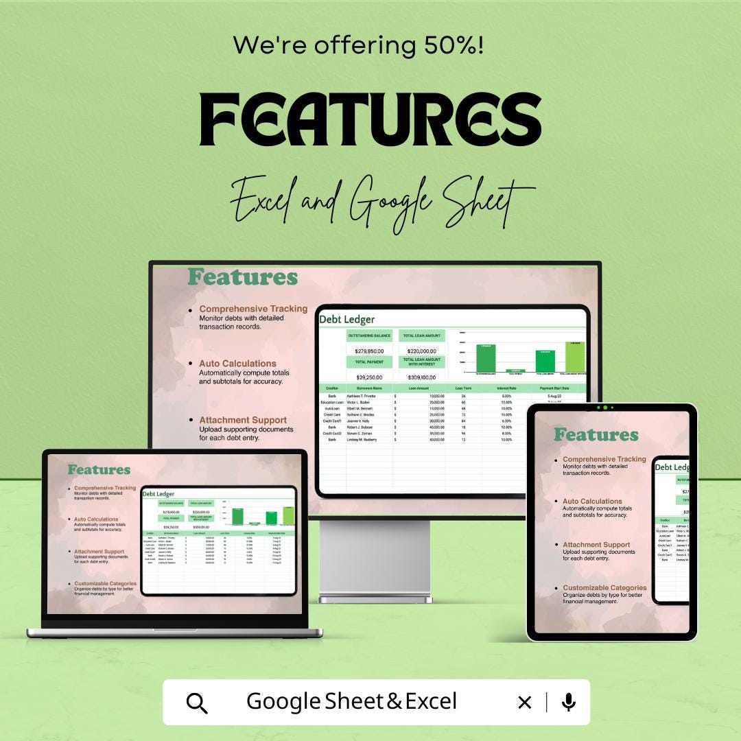 Debt Ledger Template | Debt Tracker | Loan Tracking Spreadsheet | Financial Planner | Debt Management Tool | Payment Tracker