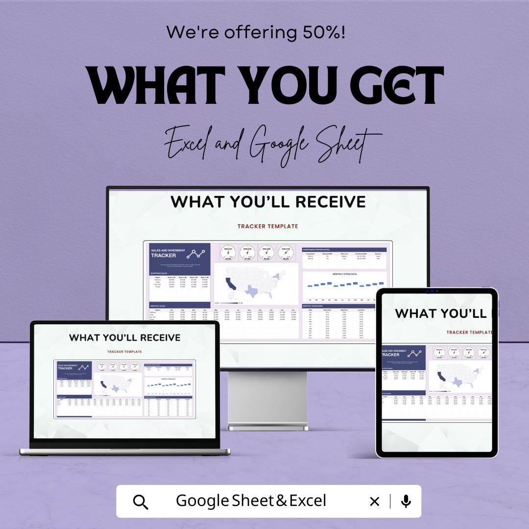 Sales and Investment Tracker Sheet | Excel and Google Sheets Dashboard | Business Report | Visual Data Template | Digital Download