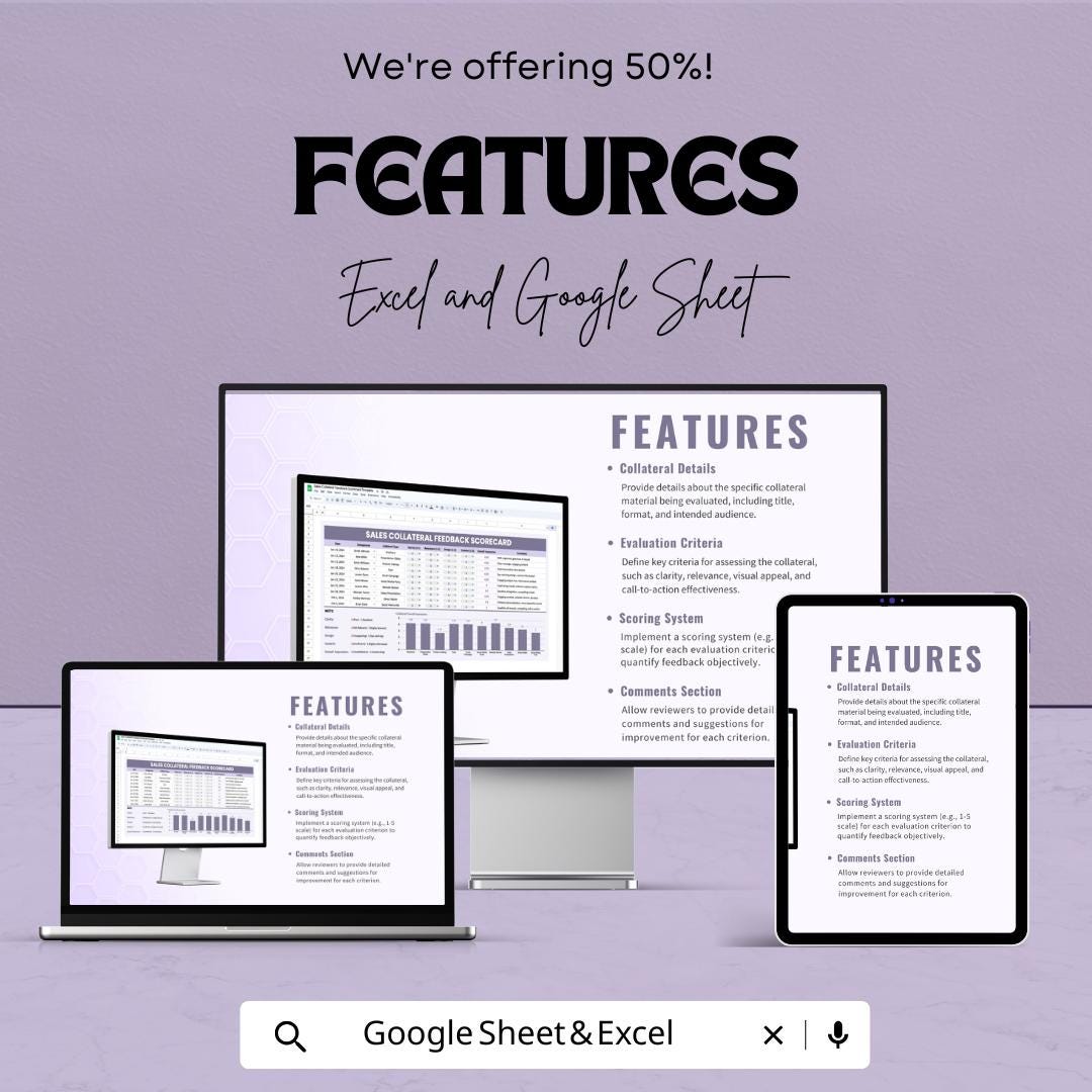 Sales Collateral Feedback Scorecard Template | Marketing Collateral Review Sheet | Sales Material Assessment | Feedback and Scoring Template