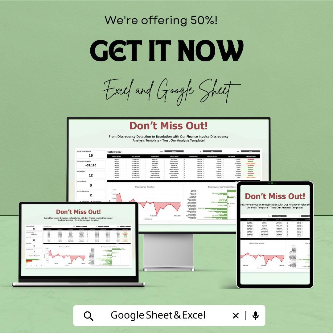 Finance Invoice Discrepancy Analysis Template, Invoice Error Tracker, Accounts Payable Audit Sheet, Billing Discrepancy Log