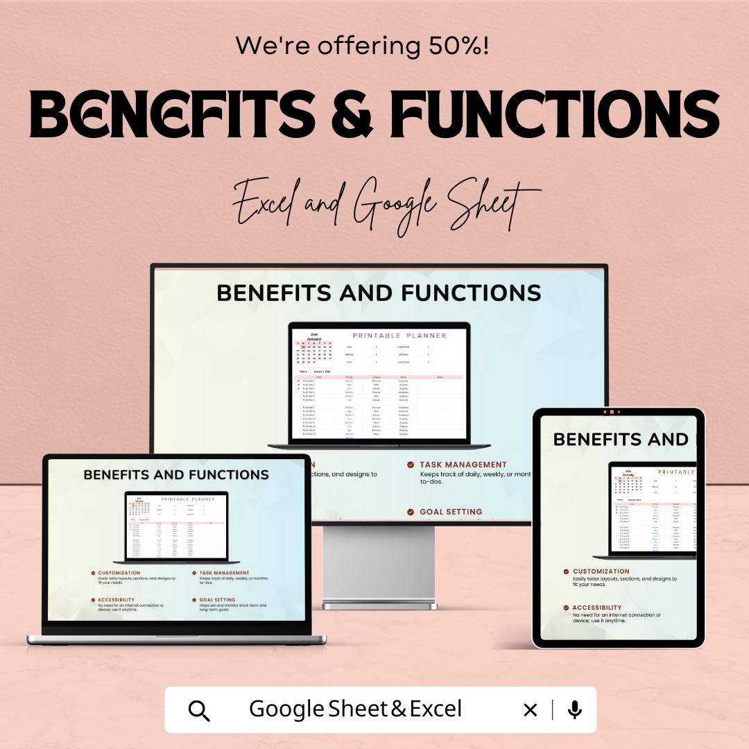 Printable Planner Sheet | Excel and Google Sheets | Task Organizer | Customizable Planner Template | Goal-Setting & Time Management