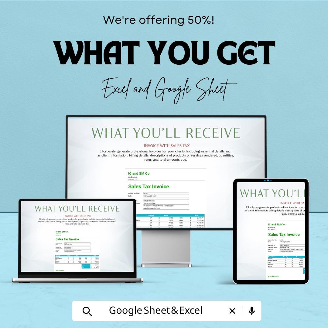 Invoice with Sales Tax Template Sheet - Editable Excel and Google Sheet | Simple & Professional Sales Invoice for Small Businesses