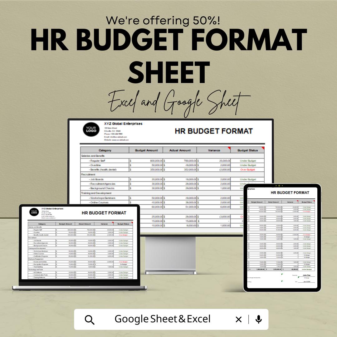 HR Budget Format Sheet | Excel & Google Sheet Template for Efficient Budget Management | 50% Off Now