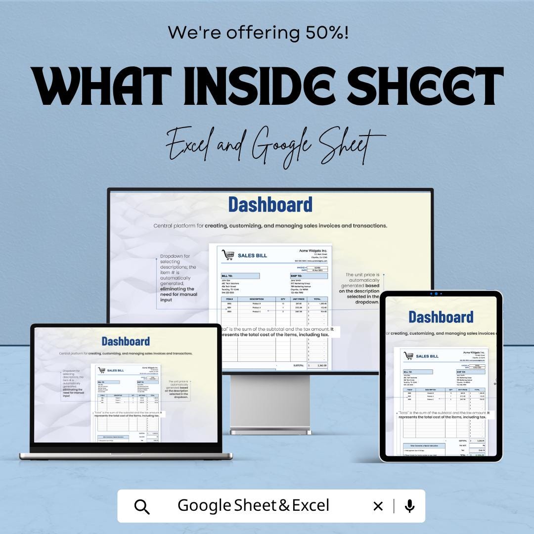 Sales Bill Template | Invoice Spreadsheet | Sales Invoice Tracker | Billing Template for Excel & Google Sheets | Small Business