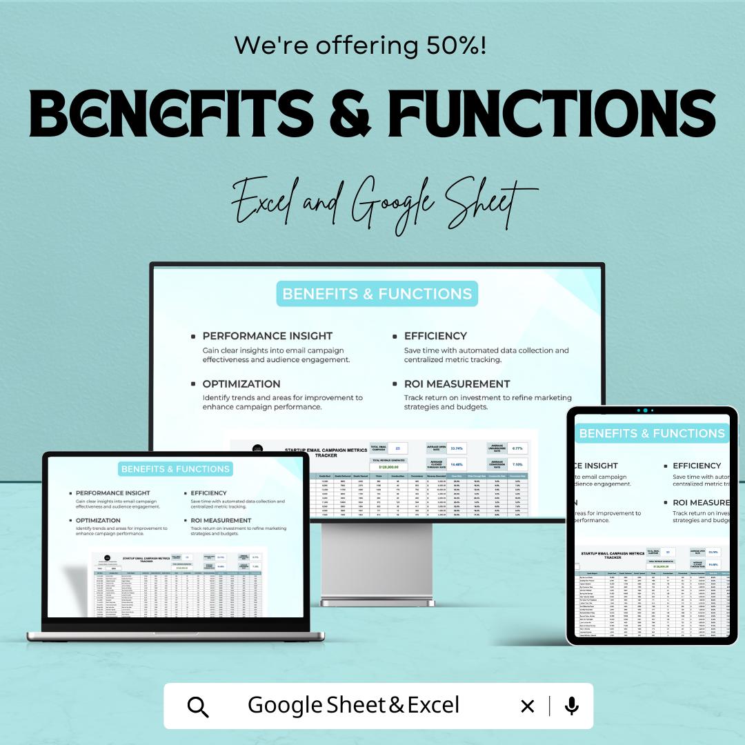 Startup Email Campaign Metrics Tracker Template | Email Marketing Analytics Spreadsheet | Excel & Google Sheets