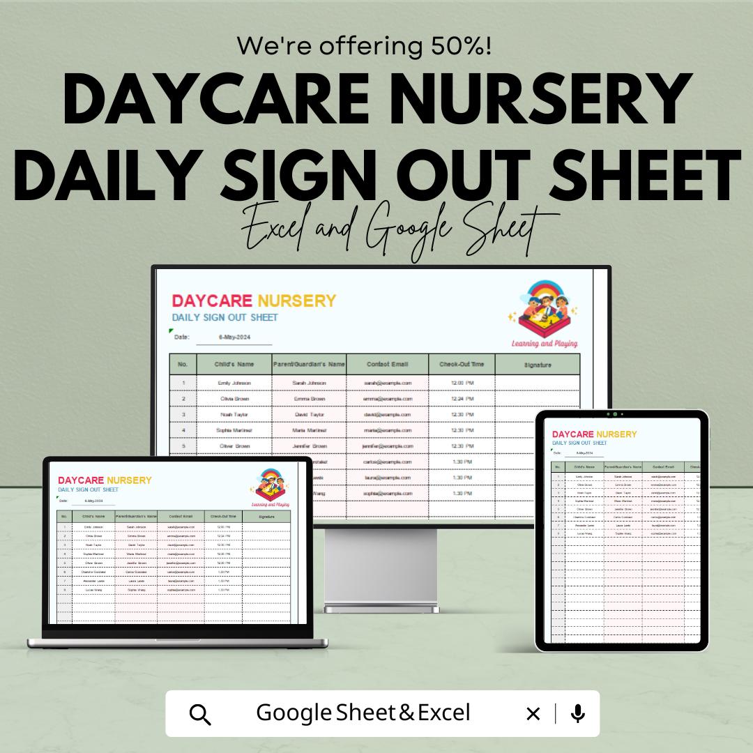 Daycare Nursery Daily Sign Out Sheet | Childcare Attendance Log for Parents | Excel & Google Sheets Template | Track Kids Check-In/Out