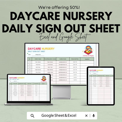 Daycare Nursery Daily Sign Out Sheet | Childcare Attendance Log for Parents | Excel & Google Sheets Template | Track Kids Check-In/Out