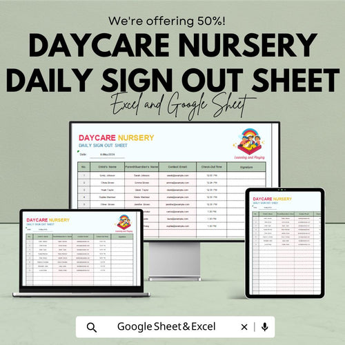 Daycare Nursery Daily Sign Out Sheet | Childcare Attendance Log for Parents | Excel & Google Sheets Template | Track Kids Check-In/Out