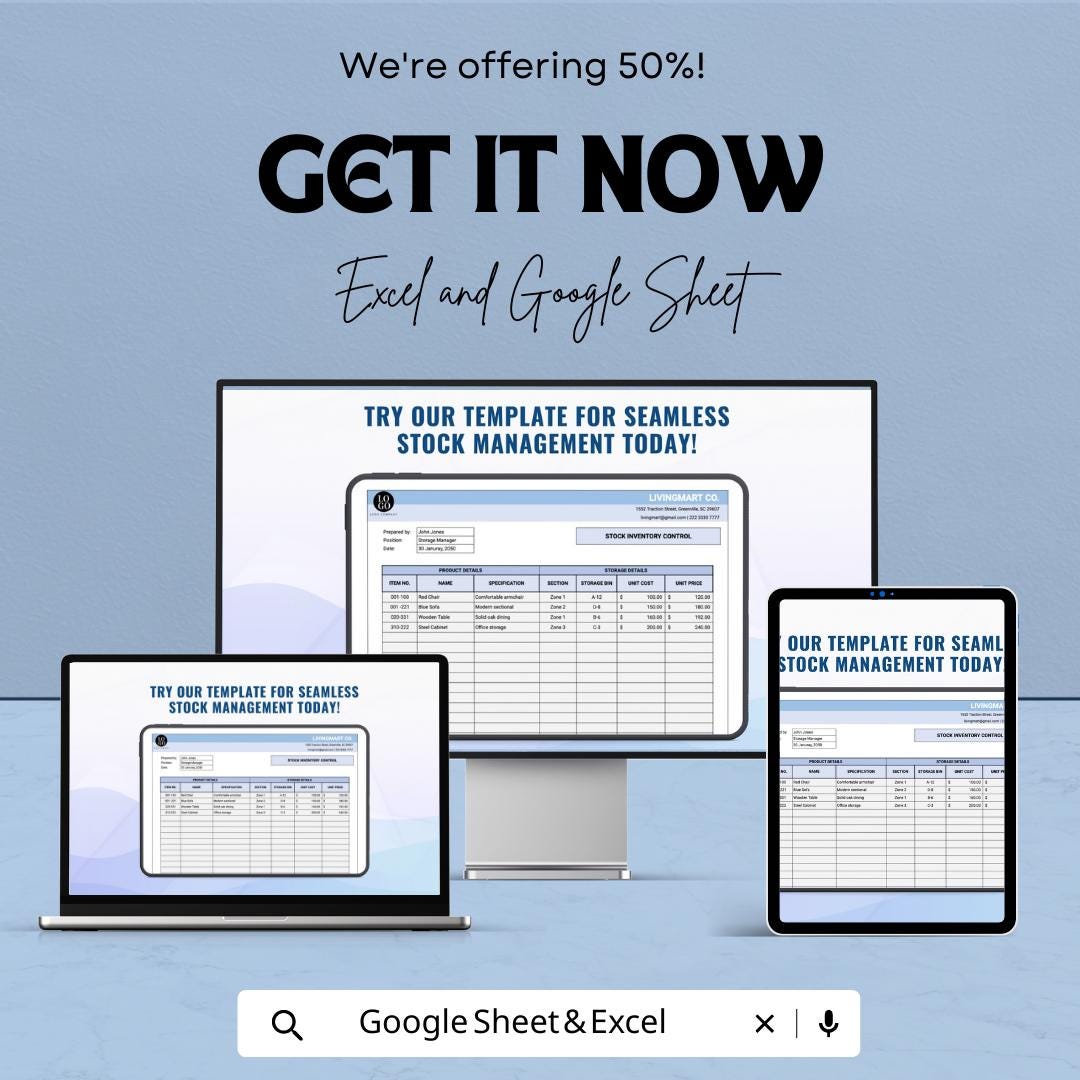 Inventory Control Template | Stock Management Spreadsheet | Excel & Google Sheets Inventory Tracker | Warehouse Stock Control Log