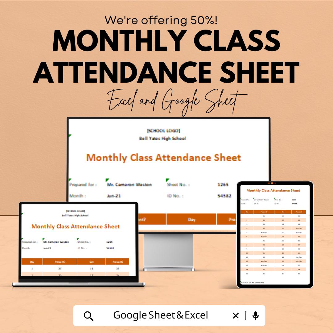 Monthly Class Attendance Sheet - Excel & Google Sheet Template for School, Teachers, Attendance Tracker