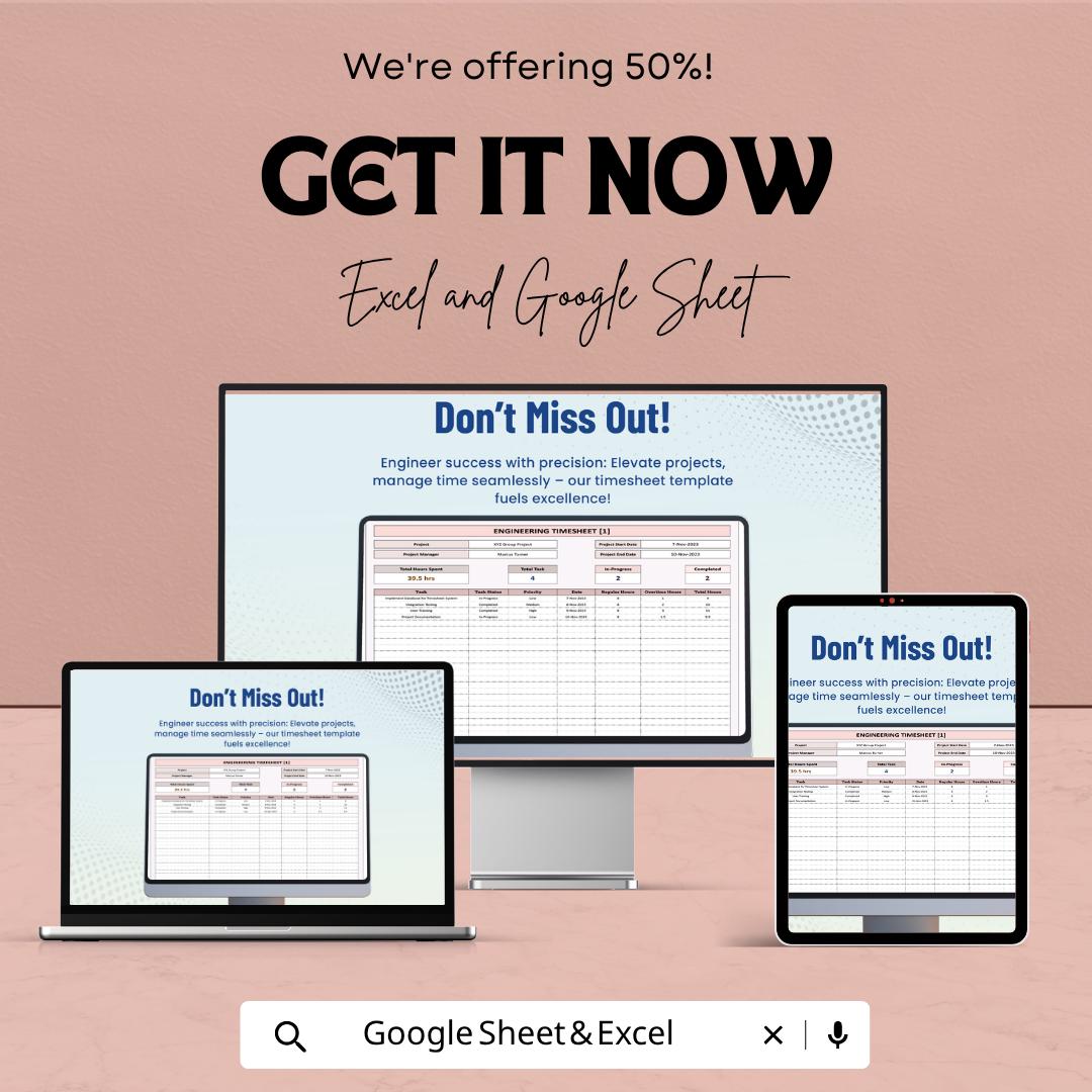 Engineering Timesheet Template | Project Time Tracking Spreadsheet | Task Management Log | Payroll Tracker