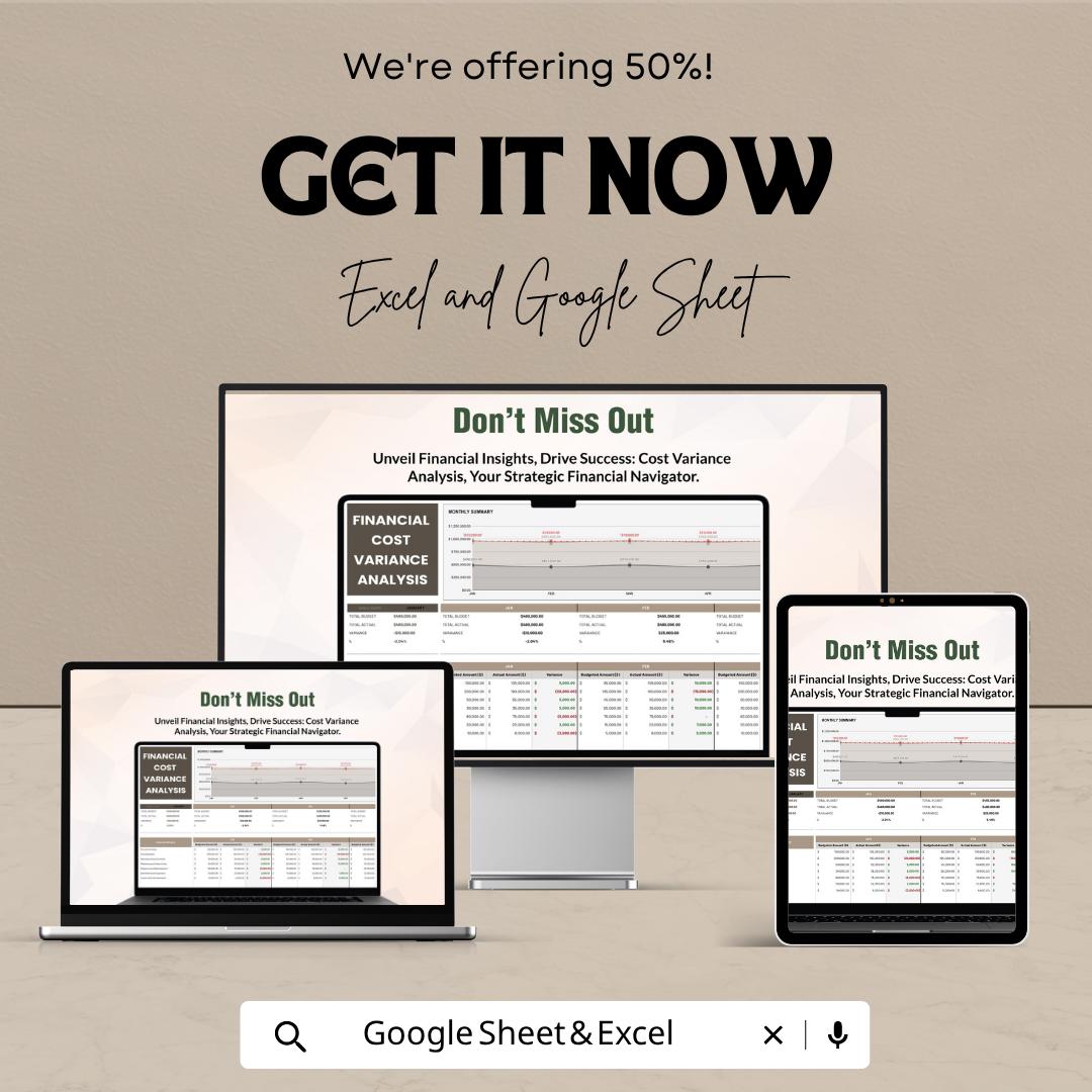 Financial Cost Variance Analysis Template | Budget vs Actual Tracker | Cost Control Spreadsheet | Financial Analysis Tool | Budget Tracker