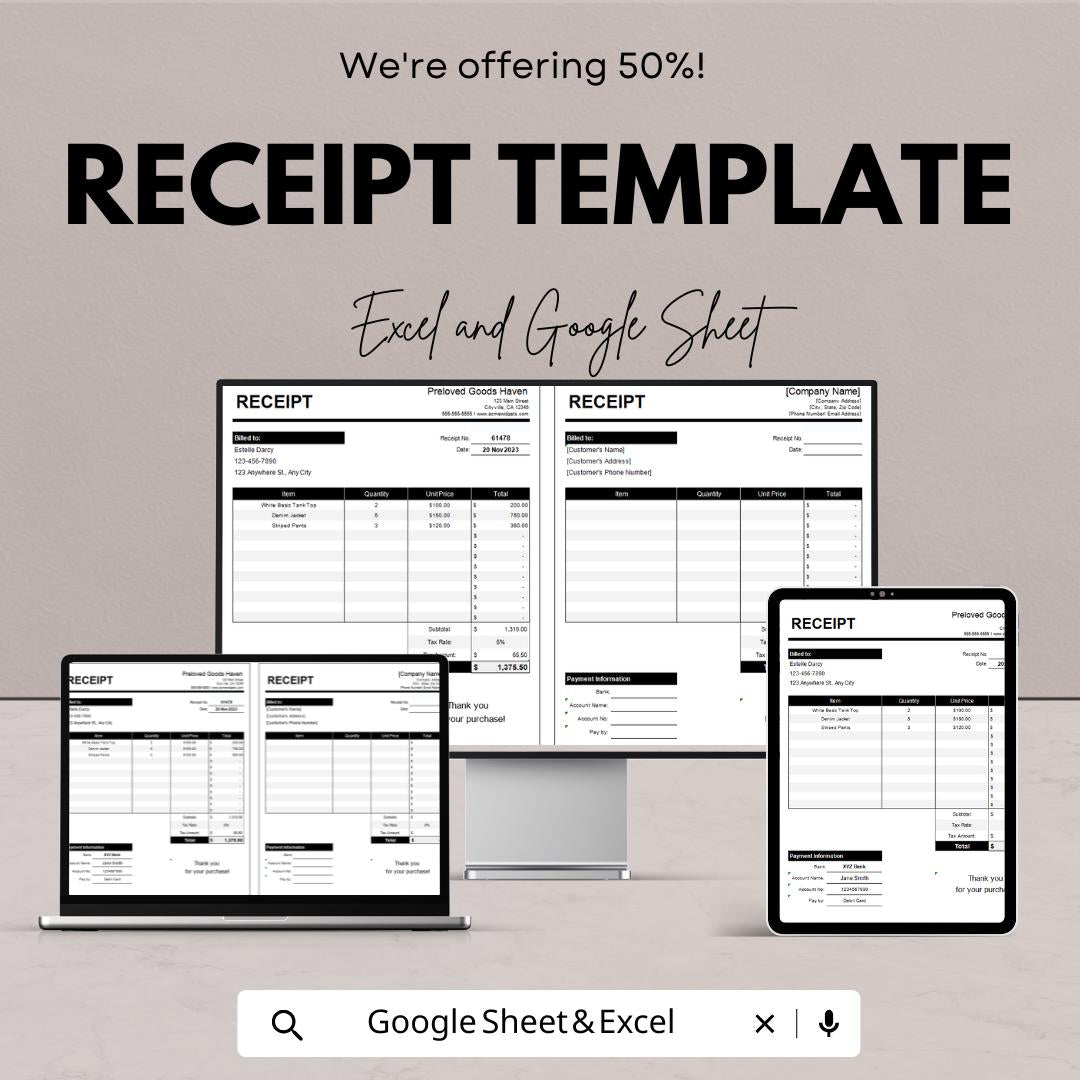Receipt Template | Google Sheets and Excel | Printable Sales Receipt | Business Transaction Record | Editable Receipt Form