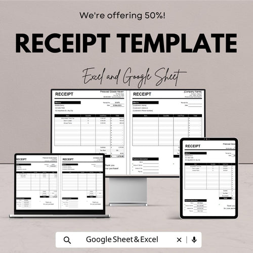 Receipt Template | Google Sheets and Excel | Printable Sales Receipt | Business Transaction Record | Editable Receipt Form