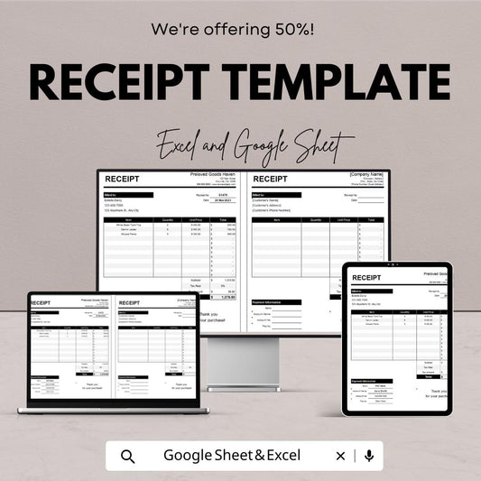 Receipt Template | Google Sheets and Excel | Printable Sales Receipt | Business Transaction Record | Editable Receipt Form
