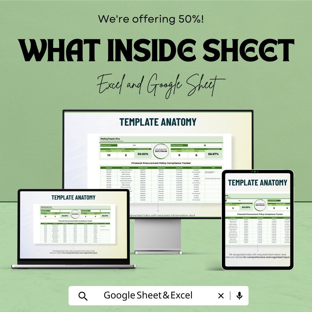 Financial Procurement Policy Compliance Tracker Template | Procurement Compliance Spreadsheet | Audit Log & Policy Monitoring Tool