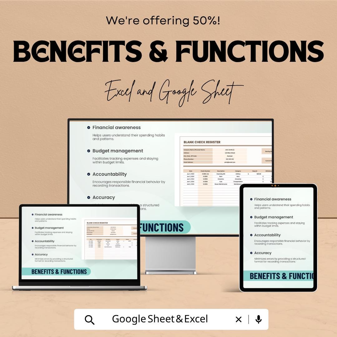 Blank Check Register Template | Checkbook Register Spreadsheet | Personal Finance Tracker Template | Excel & Google Sheets |