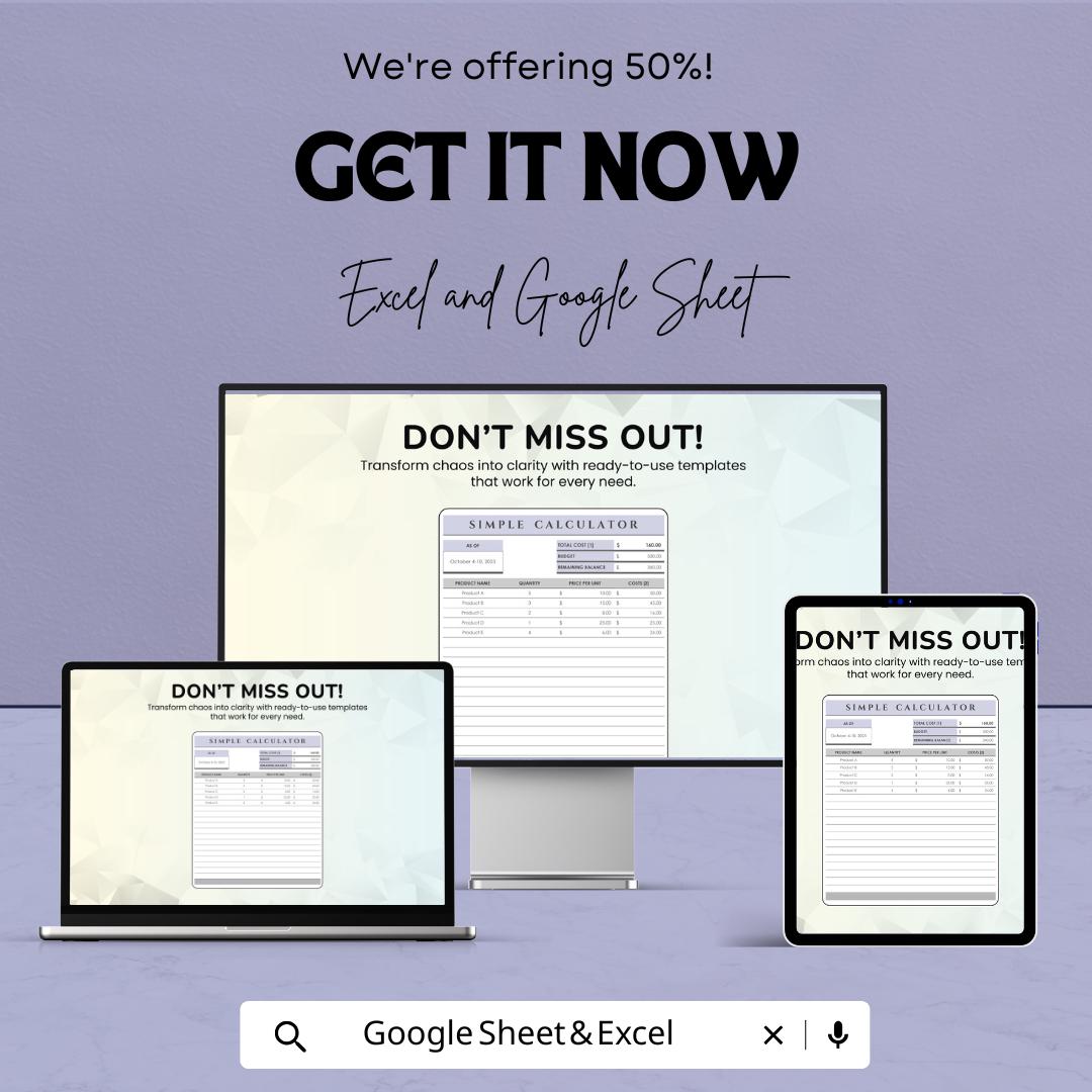Simple Calculator Sheet | Google Sheets  | Budgeting & Cost Calculation Tool | Easy-to-Use Expense Tracker | Customizable Spreadsheet