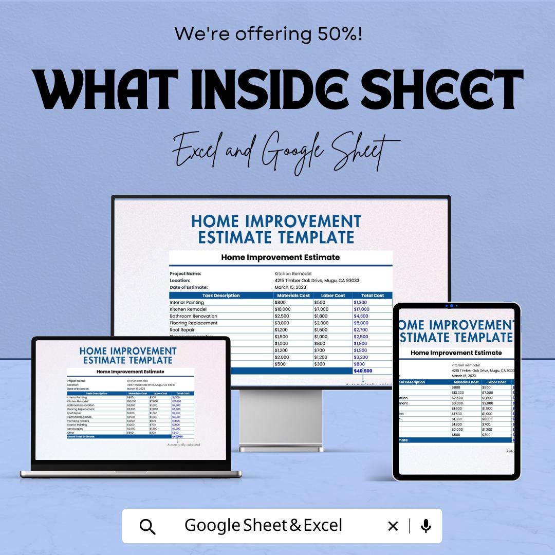 Home Improvement Estimate Template for Excel & Google Sheets – 50% Off – Professional Home Renovation Cost Breakdown