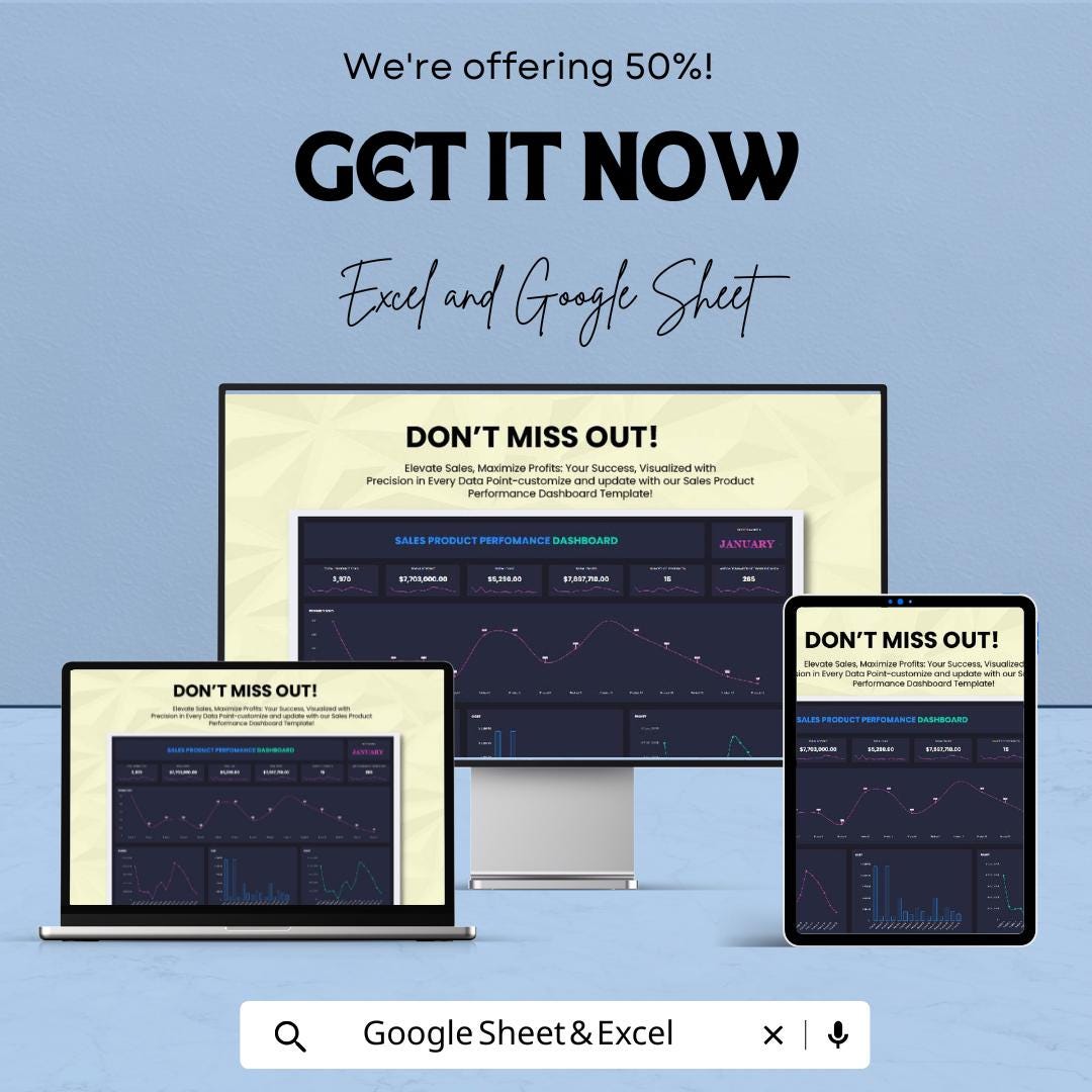 Sales Product Performance Dashboard Template | Sales Analytics Excel Dashboard | Business KPI Tracker | Google Sheet Sales Report |
