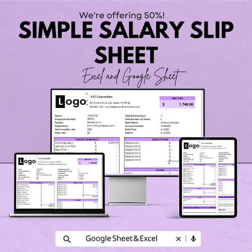 Simple Salary Slip Sheet | Excel & Google Sheets | Customizable | Easy to Use | Employee Payroll Template
