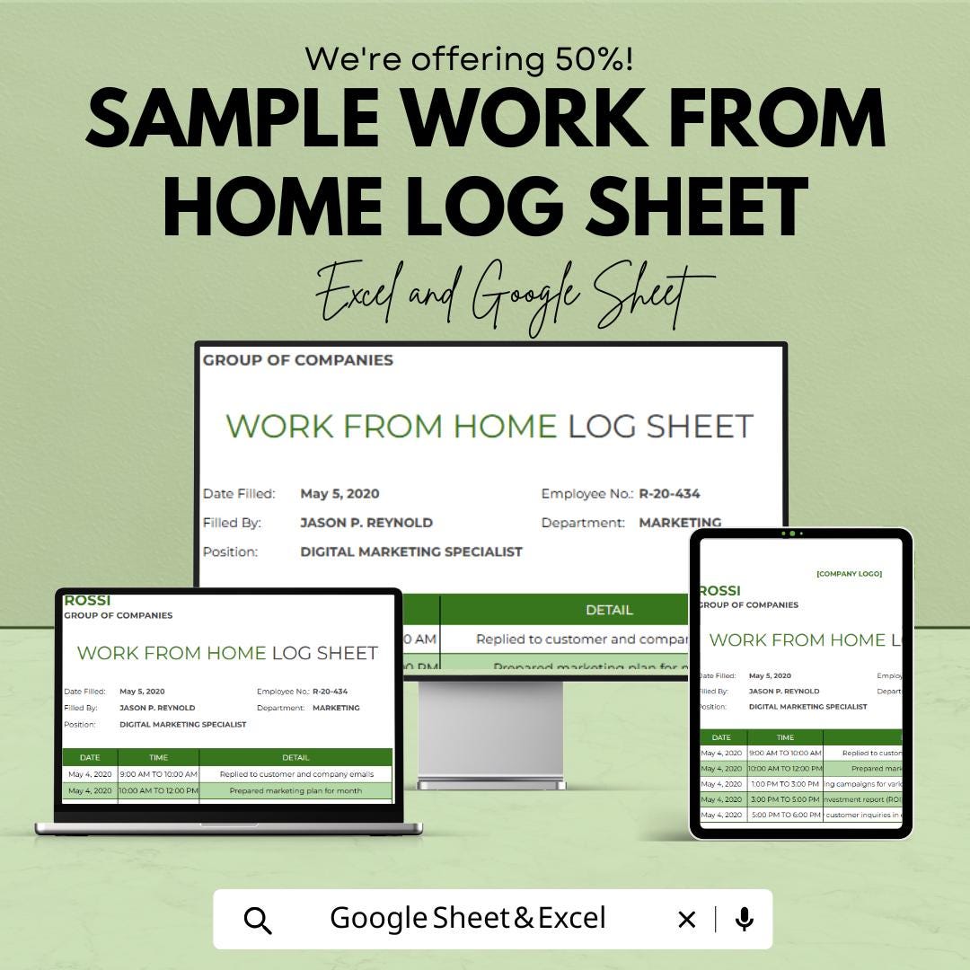 Sample Work From Home Log Sheet | Excel & Google Sheets Template | Track Tasks, Time, and Productivity | Remote Work Productivity Tool