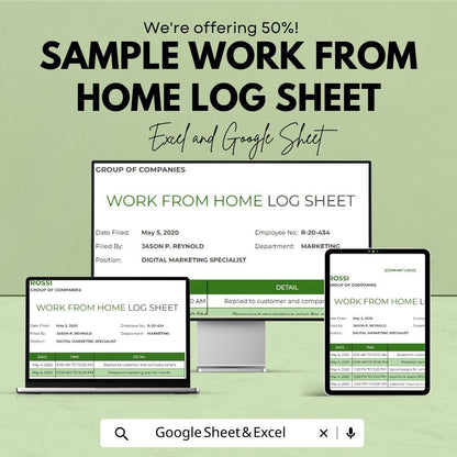 Sample Work From Home Log Sheet | Excel & Google Sheets Template | Track Tasks, Time, and Productivity | Remote Work Productivity Tool