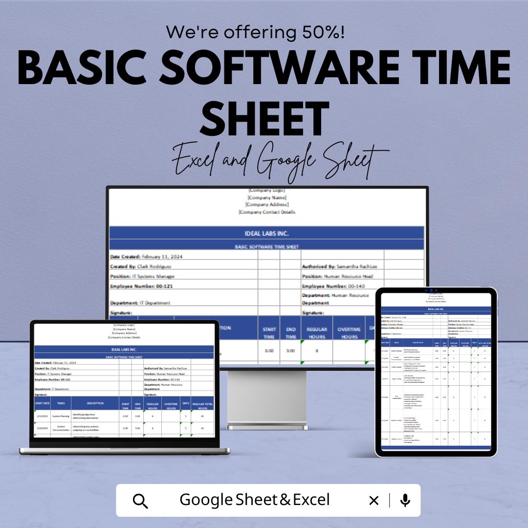Basic Software Time Sheet for Excel & Google Sheets – Employee Time Tracker, Work Hours Log, Overtime Hours, Timesheet Template, 50% Off