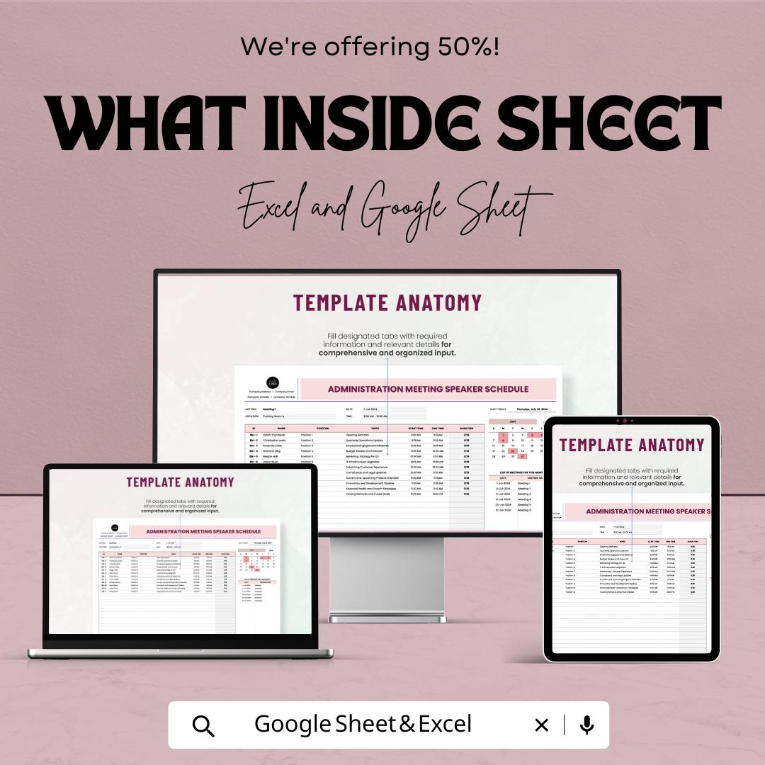 Administration Meeting Speaker Schedule Template Excel & Google Sheets | Meeting Agenda Planner | Speaker Schedule Tracker