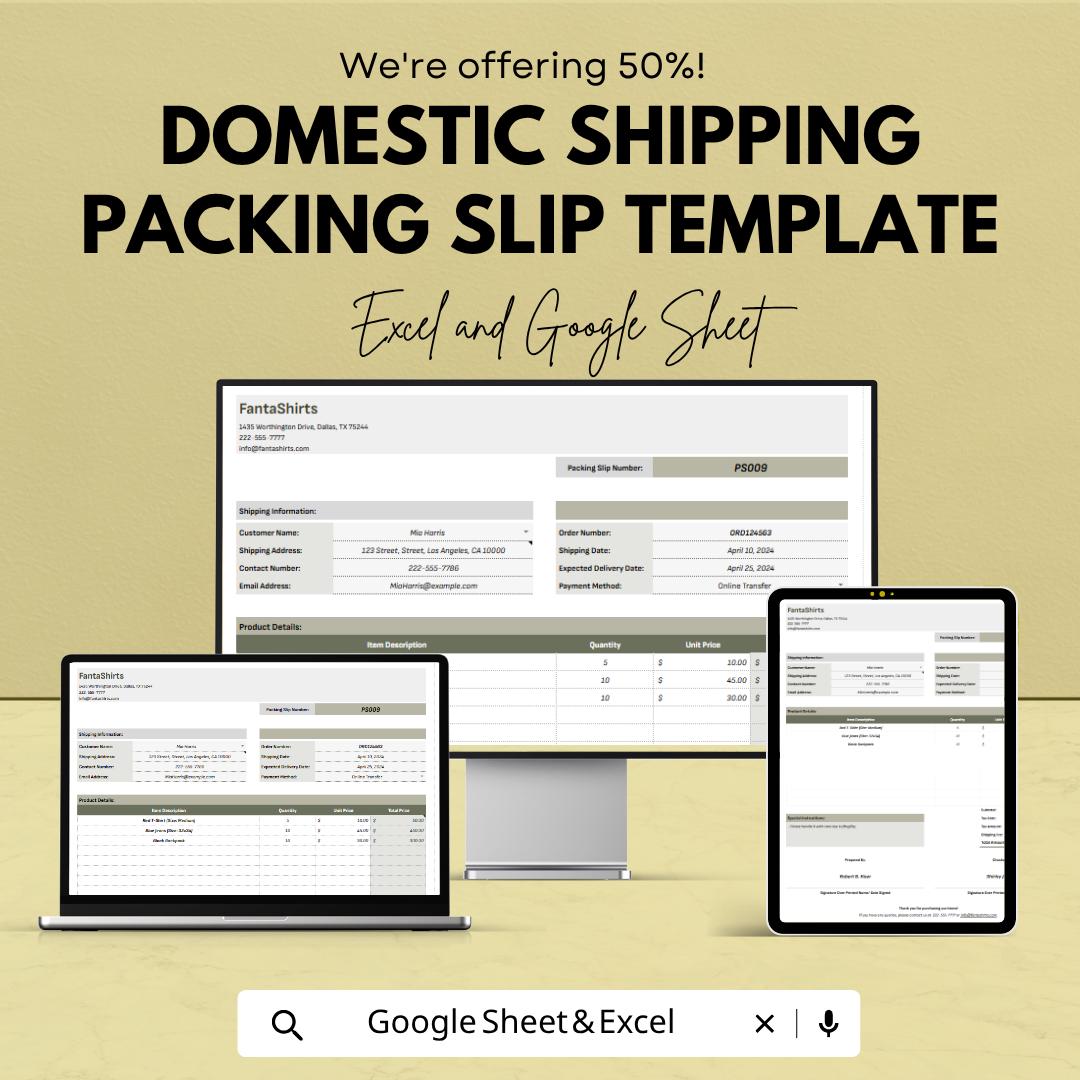 Domestic Shipping Packing Slip Template, Packing List Template, Order Fulfillment Sheet, Shipping Form, Small Business Tool