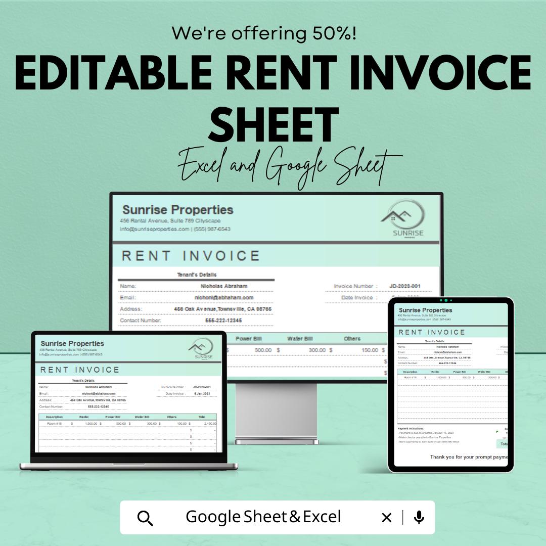 Editable Rent Invoice Template for Excel & Google Sheets – 50% Off – Customizable Rent Invoice for Property Management