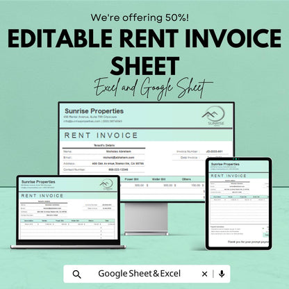 Editable Rent Invoice Template for Excel & Google Sheets – 50% Off – Customizable Rent Invoice for Property Management